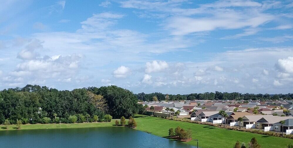 lake, nature, houses, palm trees, blue sky, clouds, street, truck car, building, wall
